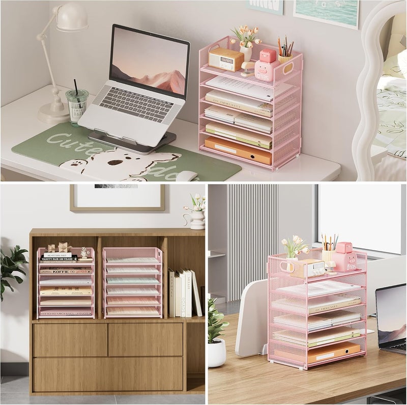 SUBEKYU 6 Tier Office File Paper Desk Tray Organizer with Handle, Stackable Slide Mesh Letter Tray Folder Pink Desk Organizer, Desktop Document Sorter for Classroom, Office, Home Supplies Storage - Image 4